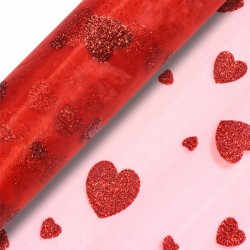 Red Glitter Heart Organza Net on a Roll - 29cm x 10Mt 